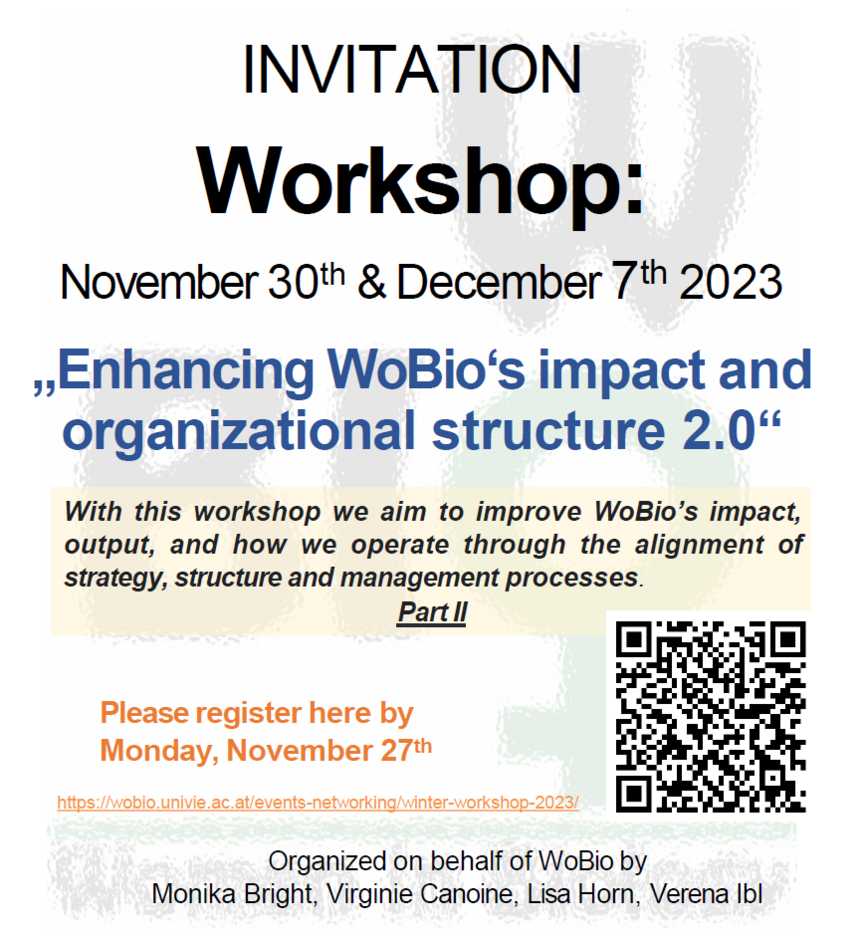 Flyer of invitation for the WoBio Winter Workshop 2023, with the WoBio logo in background image. 
INVITATION
Workshop:
November 30 th & December 7 th 2023
"Enhancing WoBio‘s impact and organizational structure 2.0"
With this workshop we aim to improve WoBio’s impact, output, and how we operate through the alignment of strategy, structure and management processes. Part 2
Please register here by Monday, November 27th: 
https://wobio.univie.ac.at/events networking/winter workshop 2023/
Organized on behalf of WoBio by Monika Bright, Virginie Canoine Lisa Horn , Verena Ibl