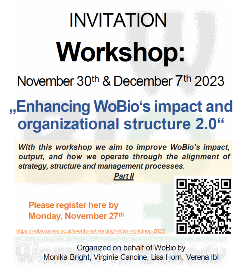 Flyer of invitation for the WoBio Winter Workshop 2023, with the WoBio logo in background image. 
</p>
<p>INVITATION
</p>
<p>Workshop:
</p>
<p>November 30 th & December 7 th 2023
</p>
<p>
