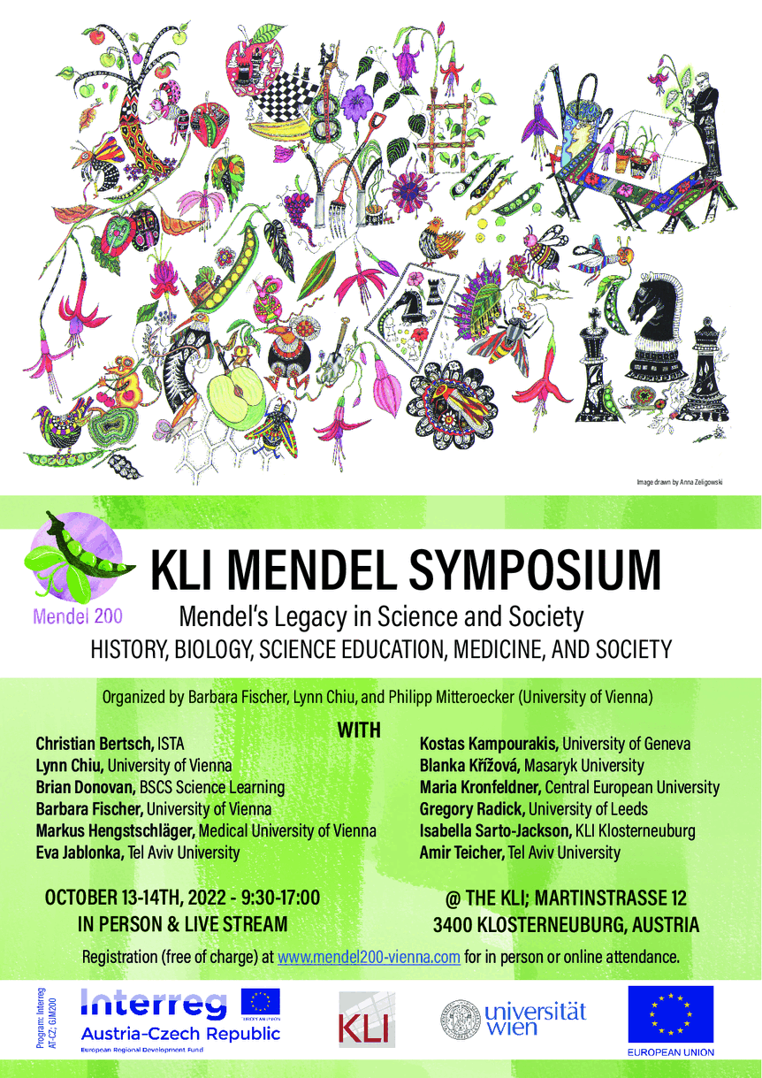 Flyer of the symposium "Mendel's Legacy in Science and Society". Top: Image of flowers, insects, plants and chess pieces drawn by Anna Zeligowski. Middle: Organisers and list of 12 invited speakers. Bottom: Practical information to register and sponsors.