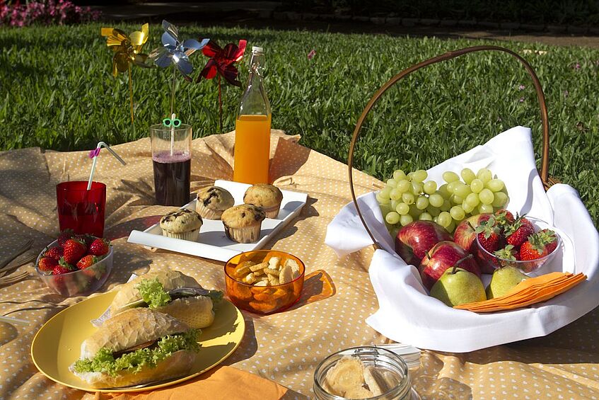 Picture of a picnic. Food items are placed on a yellow and white blanket covering the grass:  At the forefront, a plate with two salad and cheese sandwiches, two cups filled with crackers, and a fruit basket (grapes, two apples, two pears, a few strawberries in a cup). Behind, another cup with strawberries, and four muffins on a platter. At the background, a glass bottle of orange juice and two glasses filled with a liquid. 