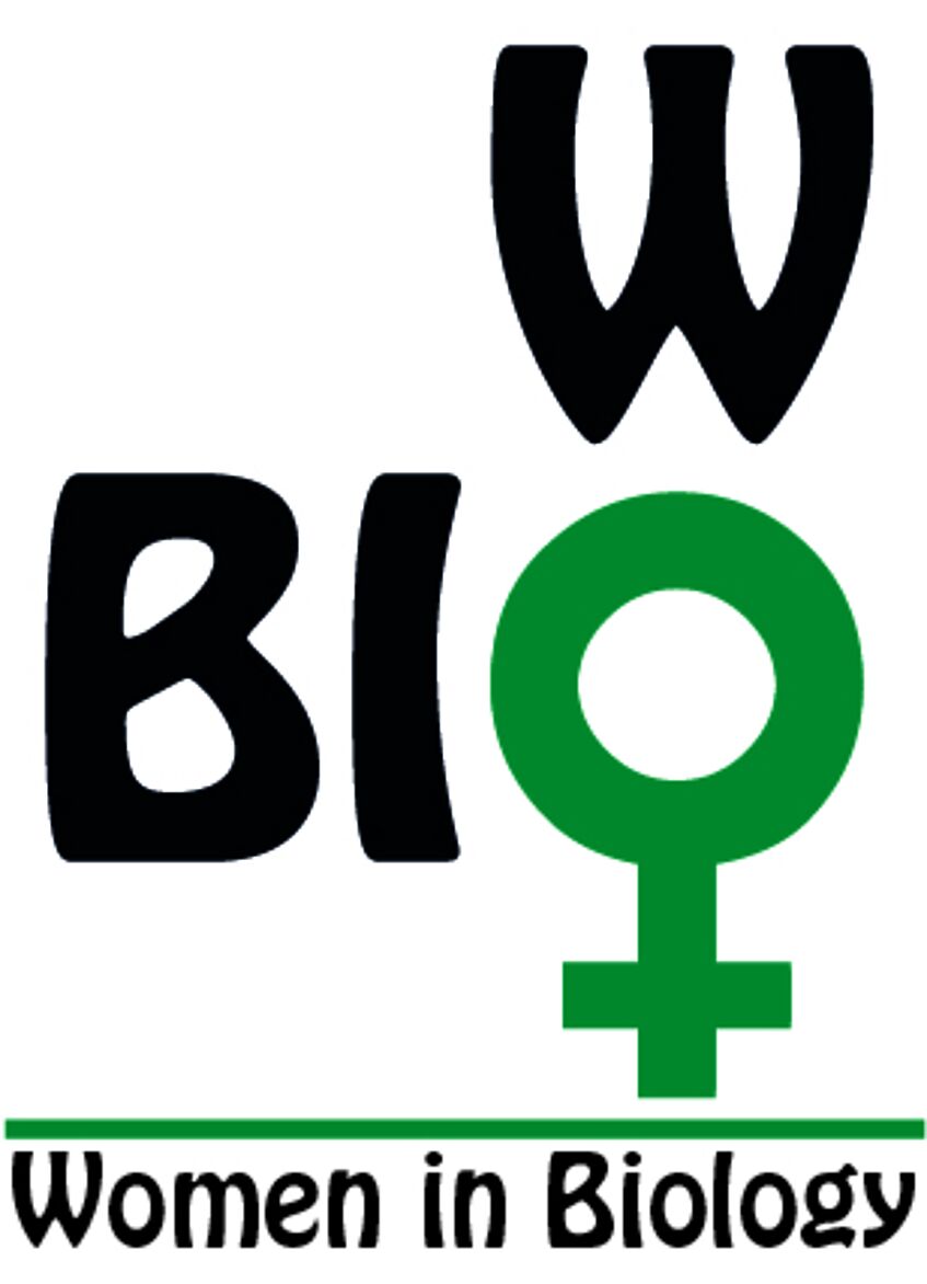 Logo of WoBio: vertical 'WO' and horizontal 'BIO', with a shared letter 'O' represented as a dark green female symbol. Below the words 'Women in Biology' are written. 
